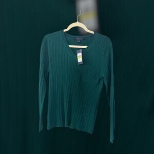 NWT Tommy Hilfiger Green Cable Knit V-Neck Sweater Size M